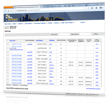 OneSimCard Corporate User Interface